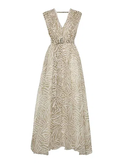 Brunello Cucinelli Women Ethnic Print Organza Silk Long Dress In Neutral
