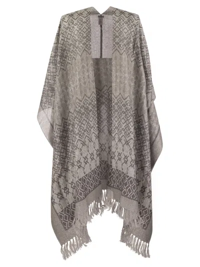 Brunello Cucinelli Ethnic Print Linen Poncho In Beige+grey