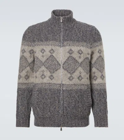Brunello Cucinelli Cable Knit Geometric High Collar Cardigan In Gray