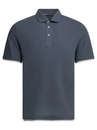 Brunello Cucinelli "faux Layering" Buttoned Polo Shirt In Blue