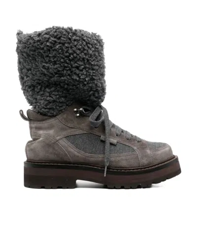 Brunello Cucinelli Faux-fur Detail Hiking Boots In Gray