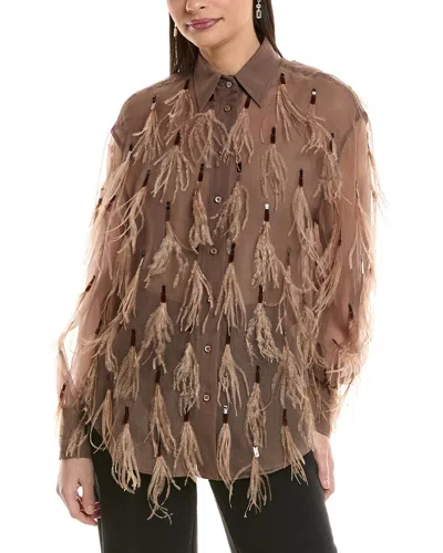 Brunello Cucinelli Feather Trim Silk Blouse In Brown