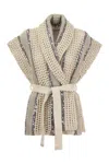 BRUNELLO CUCINELLI NEUTRAL STRIPED SHORT SLEEVE CARDIGAN WITH EMBROIDERED SEQUINS