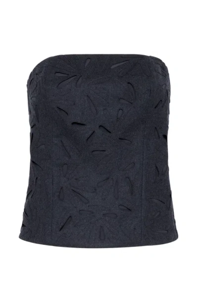 Brunello Cucinelli Strapless Flannel Wool Top With Laser-cut Embroidery In Dark Grey
