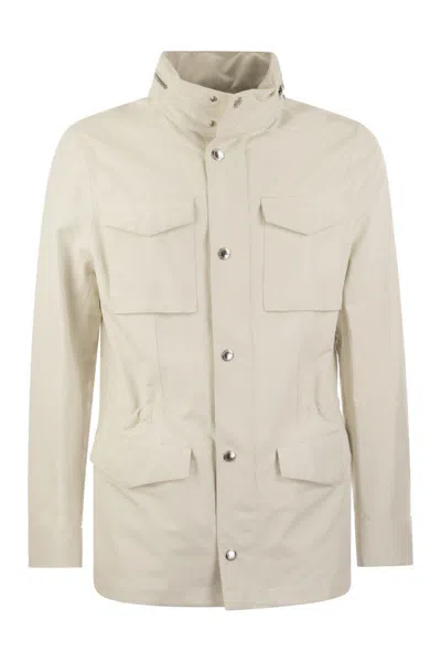 Brunello Cucinelli Field Jacket In Linen And Silk Membrane Panama With Heat Tapes In Ecru