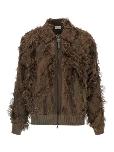 Brunello Cucinelli Fil Coup Bomber Jacket In Brown