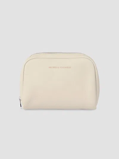Brunello Cucinelli Fine Grain Calfskin Slim Beauty Case In Chalk