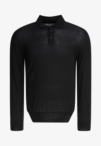 Brunello Cucinelli Fine Knit Long-sleeved Polo T-shirt In Black