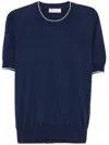 Brunello Cucinelli Cotton Lightweight Knit T-shirt With Contrast Detai In Blue