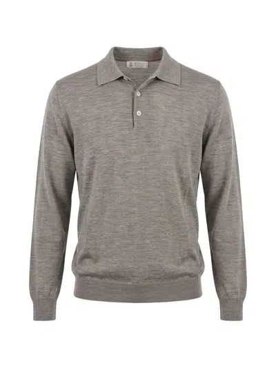 Brunello Cucinelli Collared Long-sleeved Knit Sweater In Gray