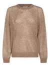Brunello Cucinelli Net Sweater With Crew Neck And Open-knit Design In Brown
