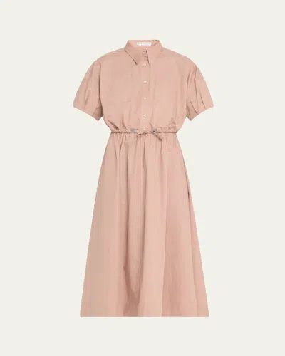 Brunello Cucinelli Fit-flare Drawcord Poplin Asymmetric Midi Shirtdress In C7279 Rosa