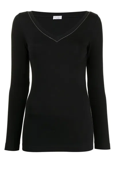 BRUNELLO CUCINELLI BRUNELLO CUCINELLI FITTED BLACK RIBBED TOP WITH V-NECKLINE