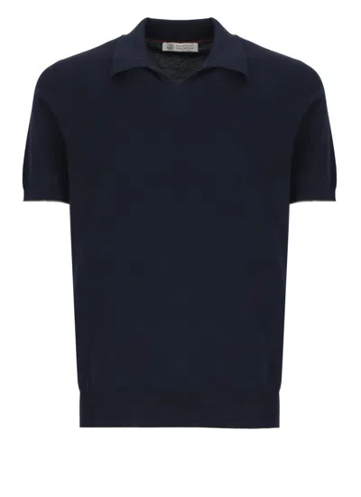 Brunello Cucinelli Fitted Dark Blue Cotton Polo Shirt