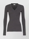 Brunello Cucinelli Fitted Long Sleeve Ribbed V Neck Top In Gray