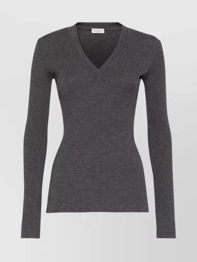BRUNELLO CUCINELLI FITTED LONG SLEEVE RIBBED V NECK TOP