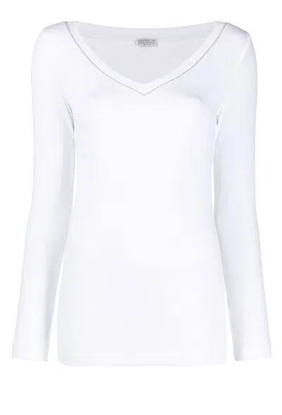 BRUNELLO CUCINELLI BRUNELLO CUCINELLI FITTED LONG-SLEEVED TOP WITH V-NECKLINE AND FABRIC