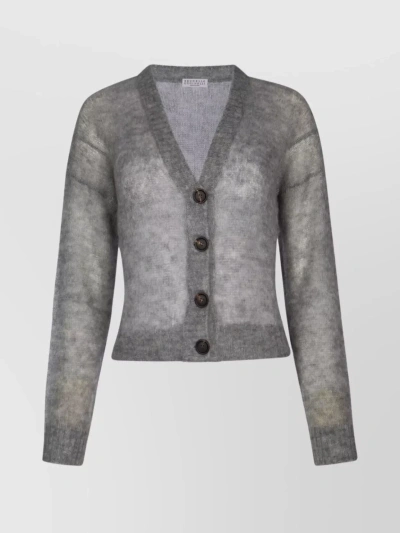Brunello Cucinelli Mohair Blend Knit Cardigan In Grey