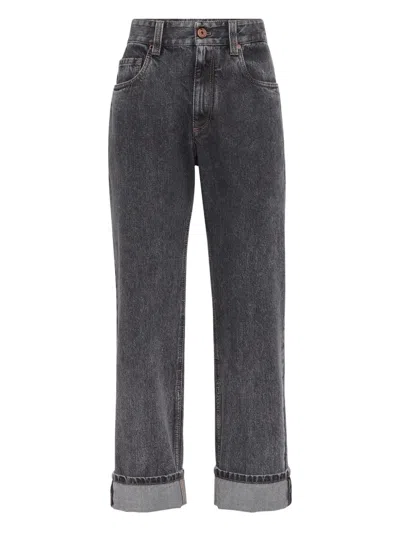 Brunello Cucinelli Five-pocket Cuffed Jeans In Gray