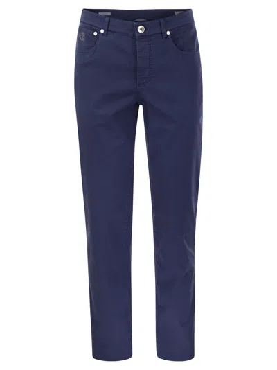 Brunello Cucinelli Five-pocket Italian Fit Cotton Gabardine Trousers In Blue