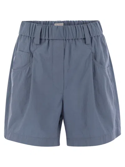 Brunello Cucinelli Five-pocket Shorts In Lightweight Wrinkled Cotton Poplin With Shiny Tab In Avio