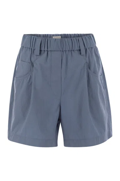 Brunello Cucinelli Five-pocket Shorts In Lightweight Wrinkled Cotton Poplin With Shiny Tab In Blue