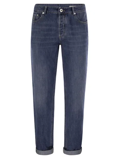 Brunello Cucinelli Five-pocket Traditional Fit Trousers In Lightweight Denim In Navy