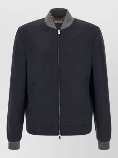 Brunello Cucinelli Flannel Cashmere Bomber Jacket Structured Silhouette In Blue