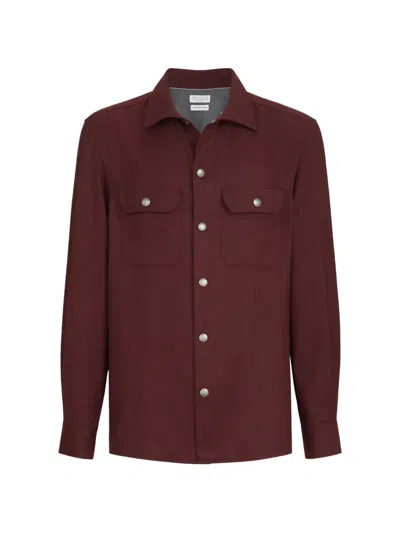 Brunello Cucinelli Virgin Wool Flannel Overshirt With Spread Collar And Chest Pockets In Burgundy