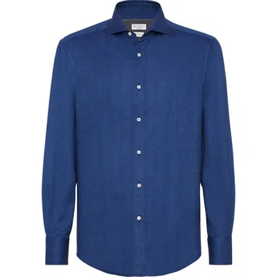 Brunello Cucinelli Flannel Chevron Shirt In Blue
