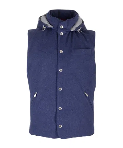 Brunello Cucinelli Flannel Hooded Down Gilet In Blue