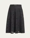 Brunello Cucinelli Flannel Wool A-line Midi Skirt With Laser-cut Floral Embroidery In Dark Grey