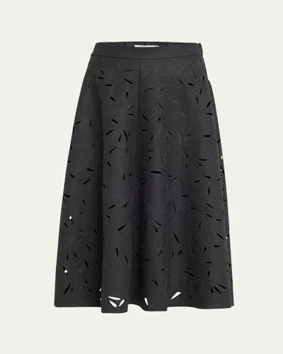 Brunello Cucinelli Flannel Wool A-line Midi Skirt With Laser-cut Floral Embroidery In Dark Grey