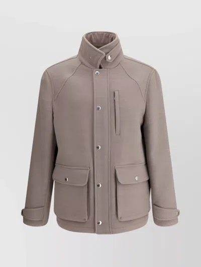 Brunello Cucinelli Flap Collar Wool Jacket With Zippered Pocket In Brown
