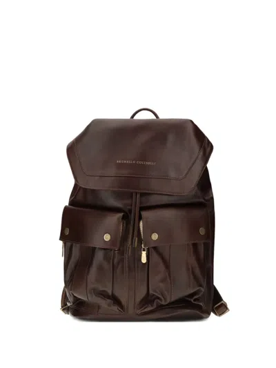 Brunello Cucinelli Flap Pocket Leather Backpack In Brown