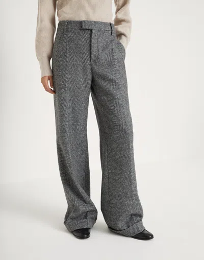 Brunello Cucinelli Herringbone Tweed Wide-leg Pants In Gray