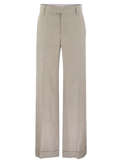 Brunello Cucinelli Flared Loose-fitting Trousers In Sparkling Linen Twill With Necklace In Neutral