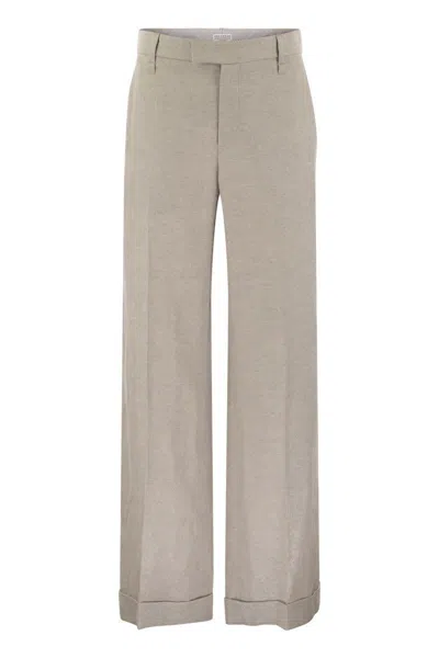Brunello Cucinelli Flared Loose-fitting Trousers In Sparkling Linen Twill With Necklace In Neutral