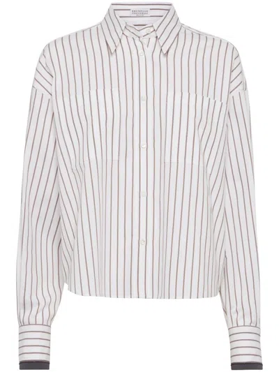 BRUNELLO CUCINELLI FLARED SHIRT WITH WHITE AND BROWN STRIPES