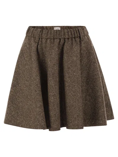 Brunello Cucinelli Flared Virgin Wool Blend Skirt In Brown