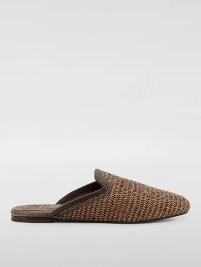 Brunello Cucinelli Brown Slip-on Sandals With Woven Design And Suede Lining