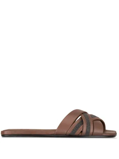Brunello Cucinelli Leather Monili Flat Slide Sandals In Tawny