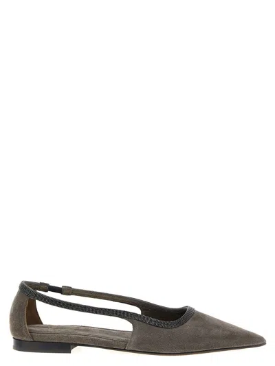 Brunello Cucinelli Bead-embellished Suede Point-toe Flats In Gray
