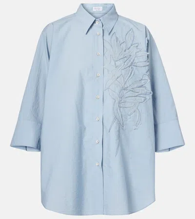 Brunello Cucinelli Floral-appliqué Cotton-blend Shirt In Blue