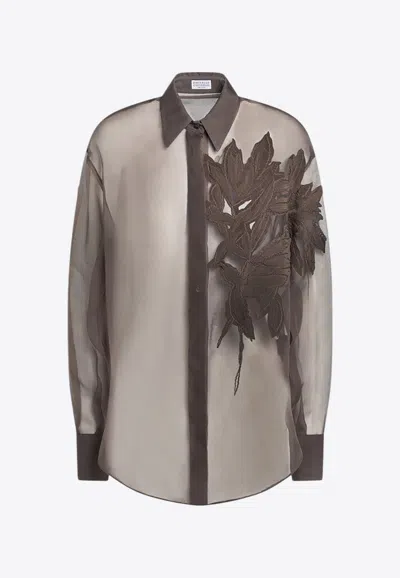BRUNELLO CUCINELLI FLORAL APPLIQUÉ SEMI-SHEER SHIRT
