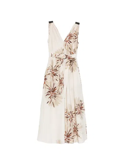 Brunello Cucinelli Women Long Cotton Dress With Floral Print And Matching Belt In Neutral