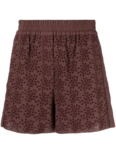 Brunello Cucinelli Floral-embroidered Cotton Shorts In Red