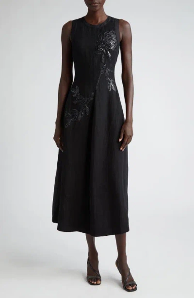Brunello Cucinelli Crinkle Cotton Structured Dress With Embroidered Magnolia Flower In Nero