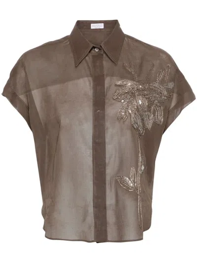 Brunello Cucinelli Floral Embroidery Shirt In Brown