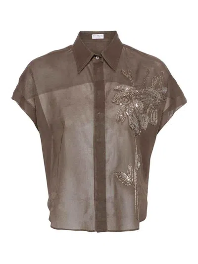Brunello Cucinelli Floral Embroidery Shirt In Brown